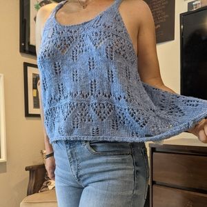 Baby Blue Open Knit A-line Racerback Tank Top